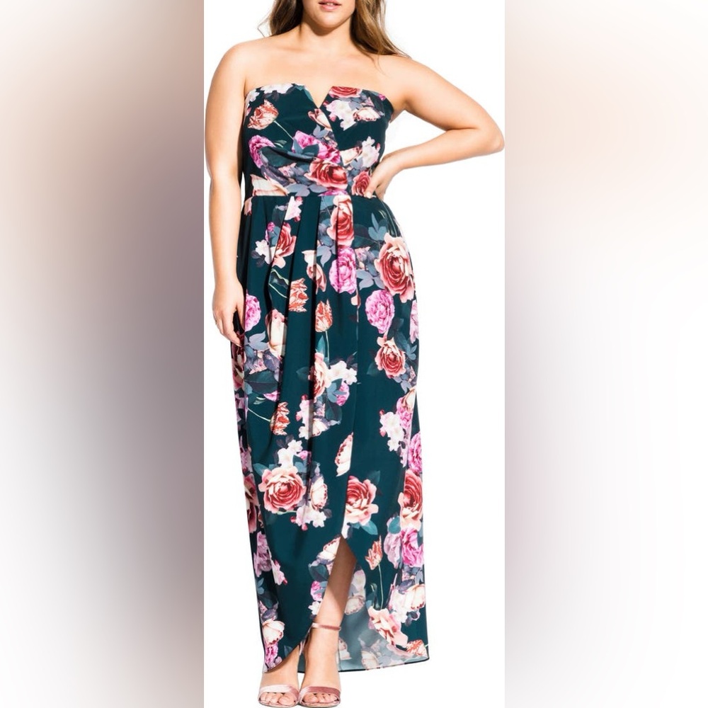 City Chic Teal Strapless Floral Maxi Dress with Pink Roses